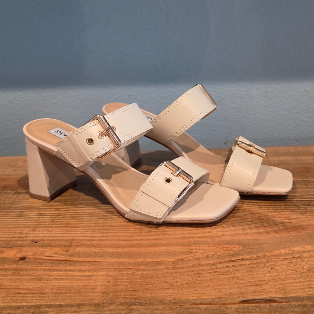 Steve Madden Womens Loreli Slide Sandal Cream Leather Buckle Block Heel Size 6